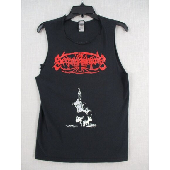 Gildan Heavy Cotton Sleeveless Black Shirt With Red & White Print Size S - Picture 1 of 10